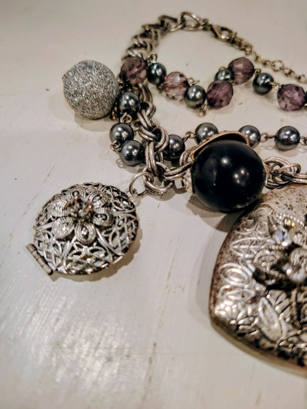 Boho Chic Vintage Style 3 Layer Silver Metal Bling Necklace Lockets - Picture 10 of 16